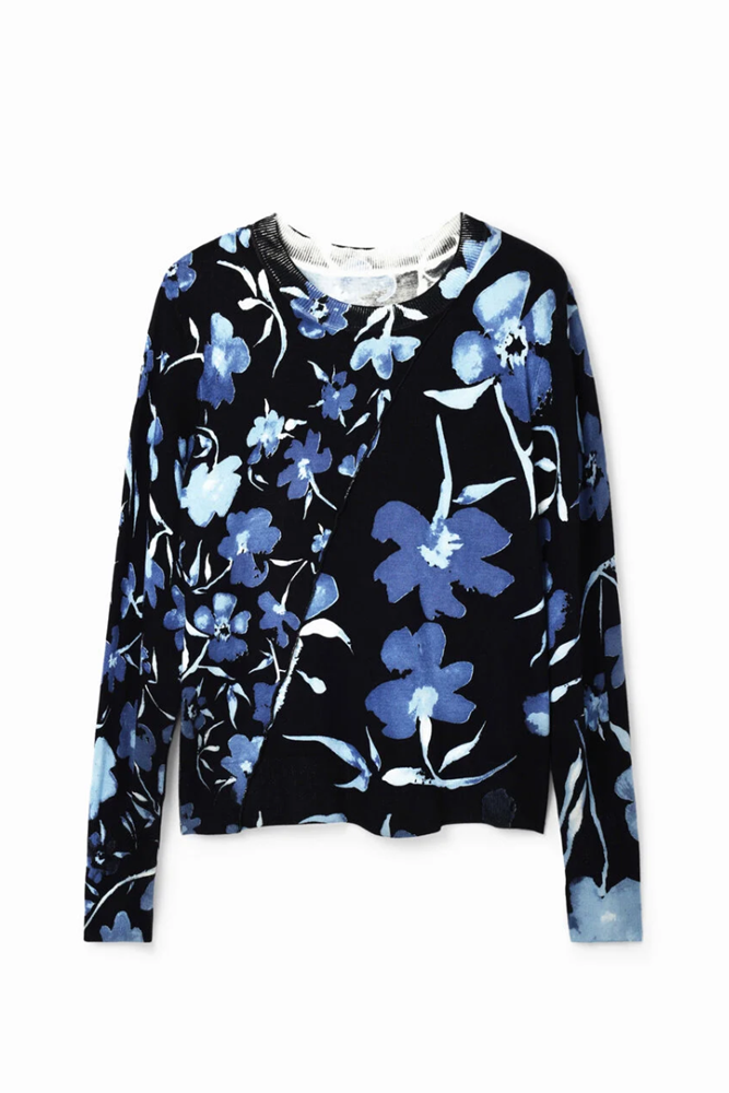 Shop Patchwork Black & Blue Floral Pullover SweaterBy Desigual - Origen Imports