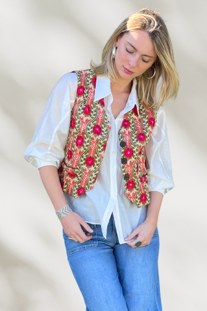 Shop Gypsy Soul Silk Embroidered Vest by Origen - Pink & Olive - Origen Imports