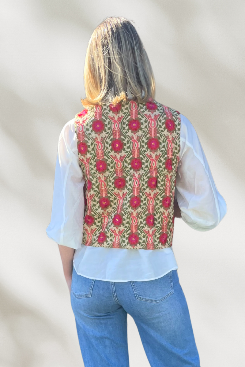 Shop Gypsy Soul Silk Embroidered Vest by Origen - Pink & Olive - Origen Imports