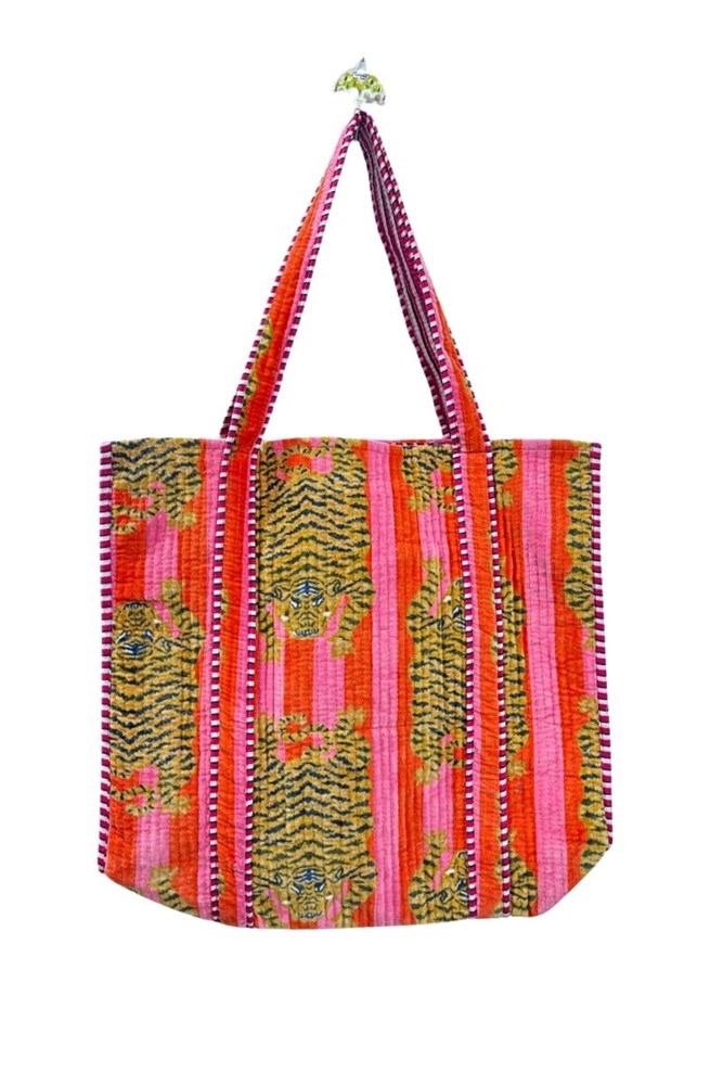Cotton Velvet Tibetan Tiger Reversible Tote Bag - Pink & Orange