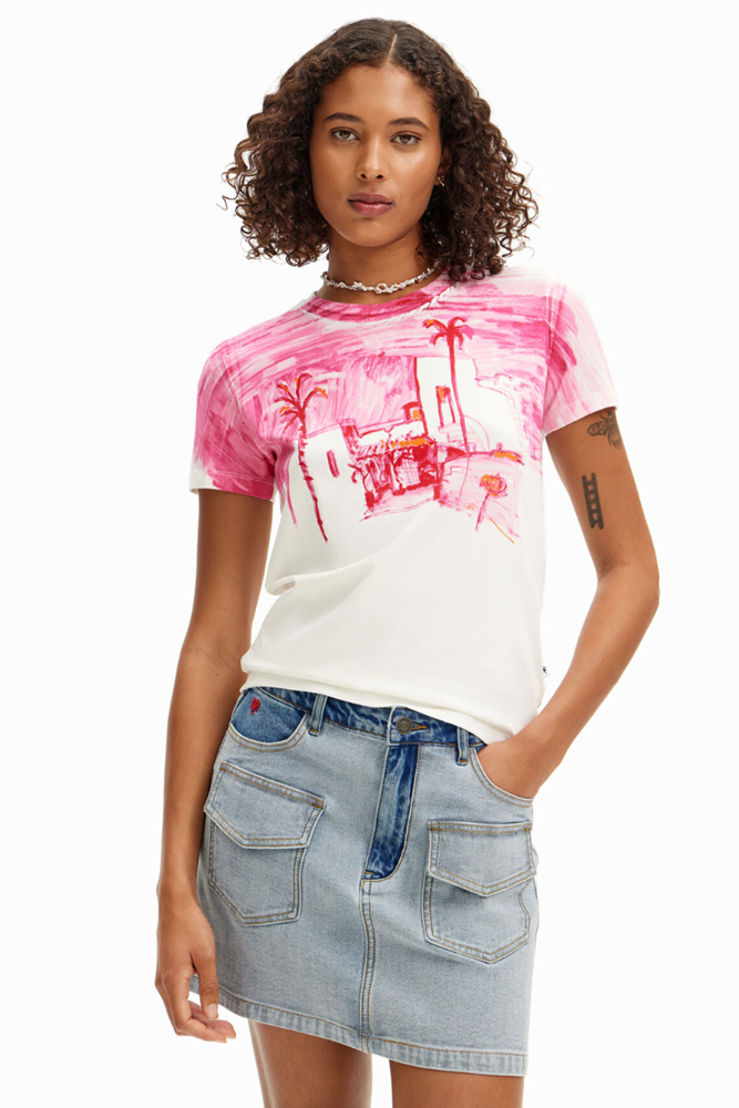 Shop Pink and White Fez Landscape T-Shirt By Desigual - Origen Imports