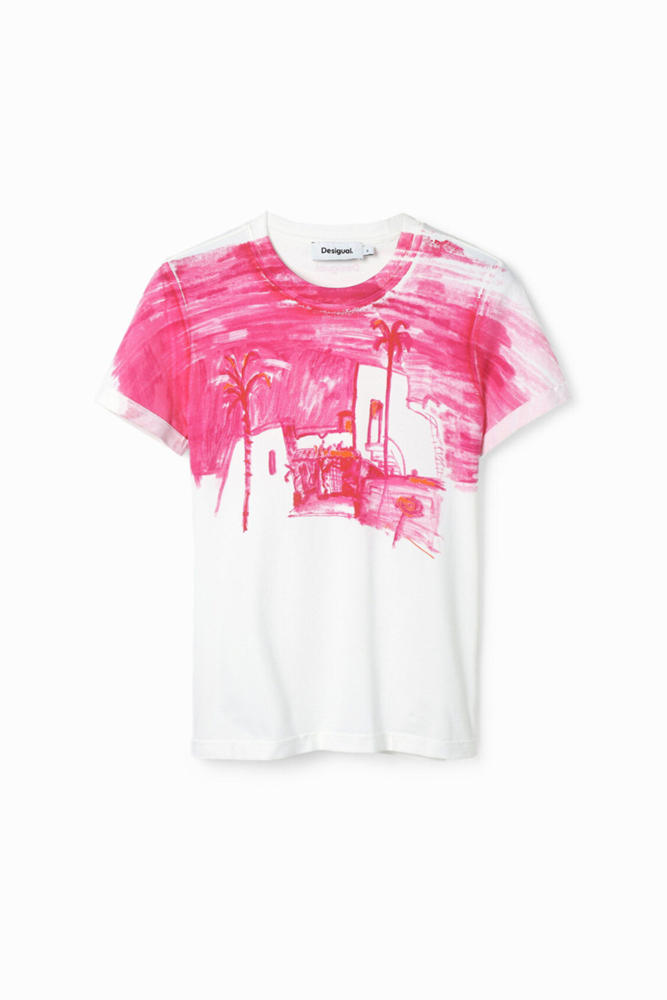 Shop Pink and White Fez Landscape T-Shirt By Desigual - Origen Imports