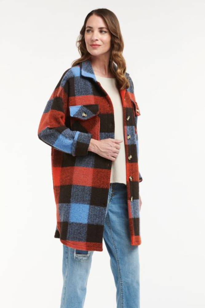 Shop Plaid Blue, Brown & Orange Long Jacket By Urban Luxury - Origen Imports