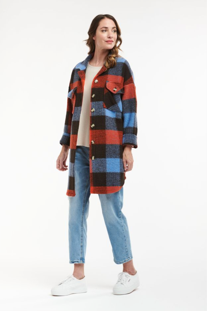 Shop Plaid Blue, Brown & Orange Long Jacket By Urban Luxury - Origen Imports