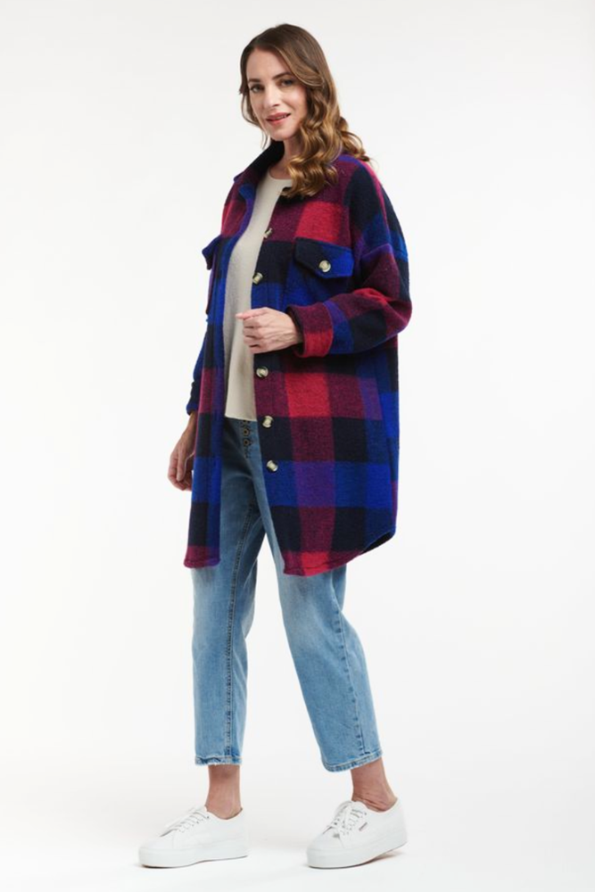 Shop Plaid Blue & Purple Long Jacket By Urban Luxury - Origen Imports