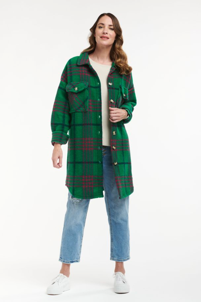 Shop Plaid Green & Pink Long Jacket By Urban Luxury - Origen Imports