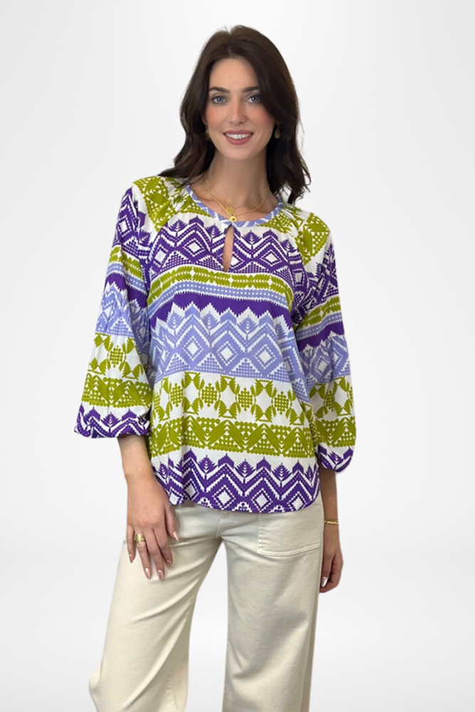 Shop Peasant Blouse Geometric Purple & Lime By Pixi Carnival - Origen Imports