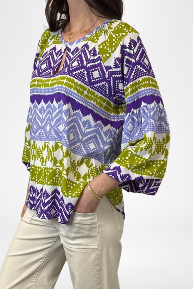 Shop Peasant Blouse Geometric Purple & Lime By Pixi Carnival - Origen Imports