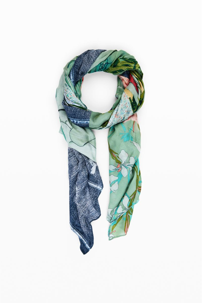 Shop Rectangular Turquoise Patchwork Scarf By Desigual - Origen Imports