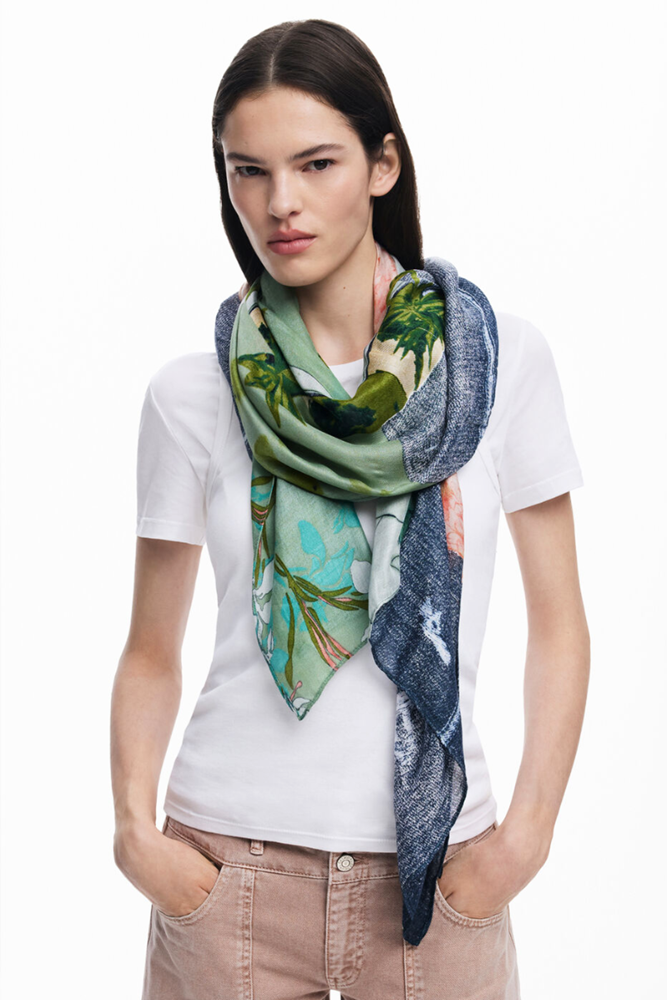Shop Rectangular Turquoise Patchwork Scarf By Desigual - Origen Imports