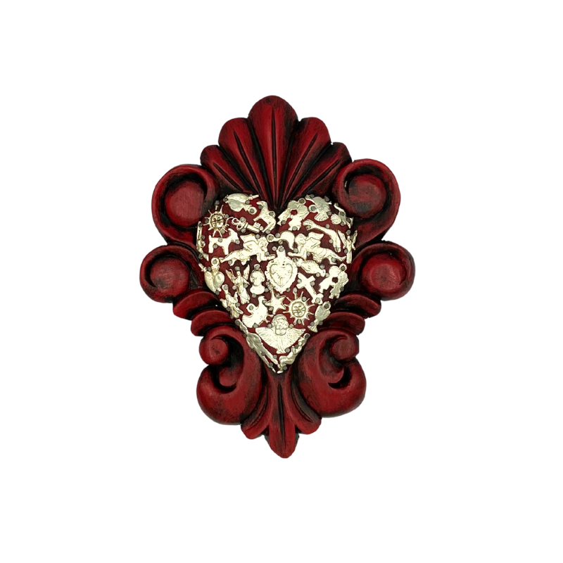 Shop Red Mexican Hand Carved Wooden Heart with Milagros - Origen Imports