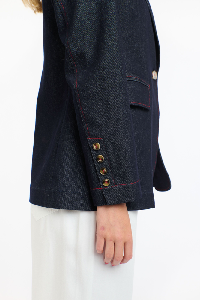 Shop Red Stitch Dark Denim Blazer by 365 Days - Origen Imports