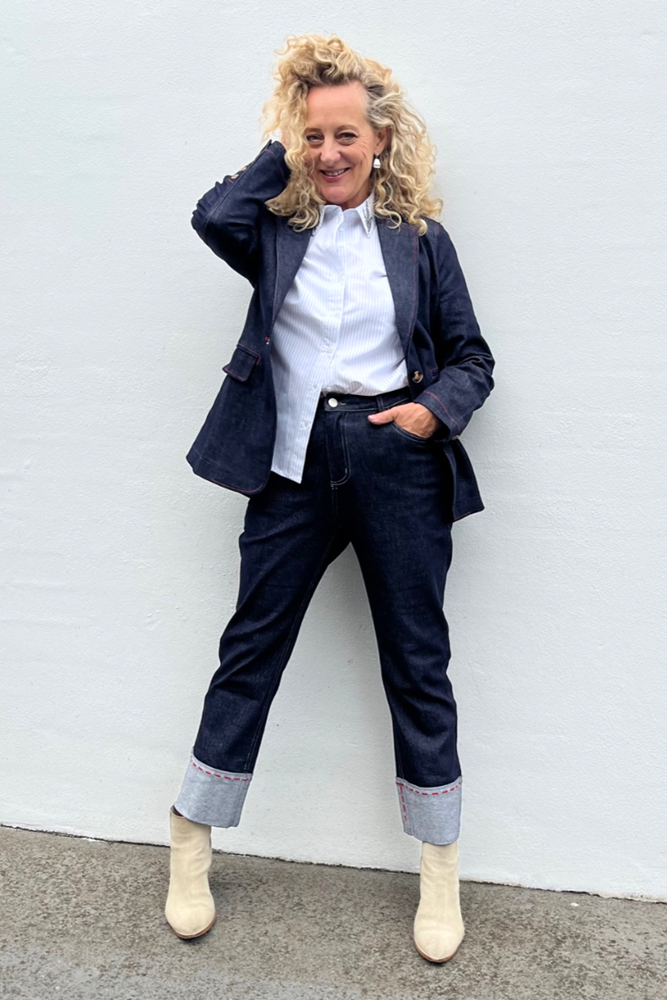 Shop Red Stitch Dark Denim Blazer by 365 Days - Origen Imports