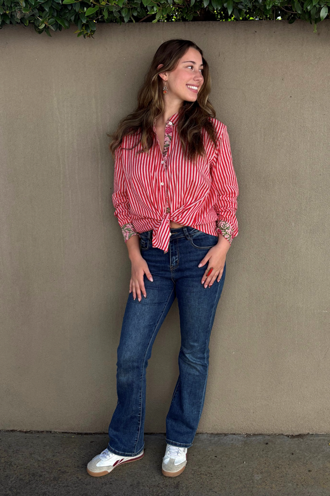 Red Striped Cotton Shirt with Floral Trimming