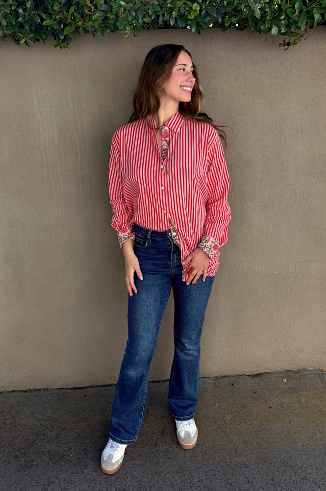 Red Striped Cotton Shirt with Floral Trimming