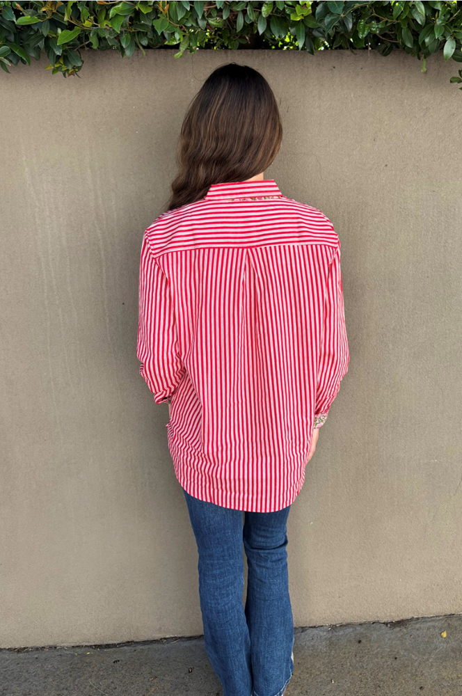 Red Striped Cotton Shirt with Floral Trimming