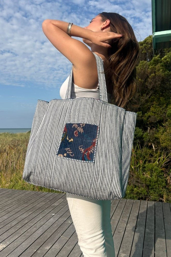 Cotton Velvet Reversible Tote Bag - Royal Blue