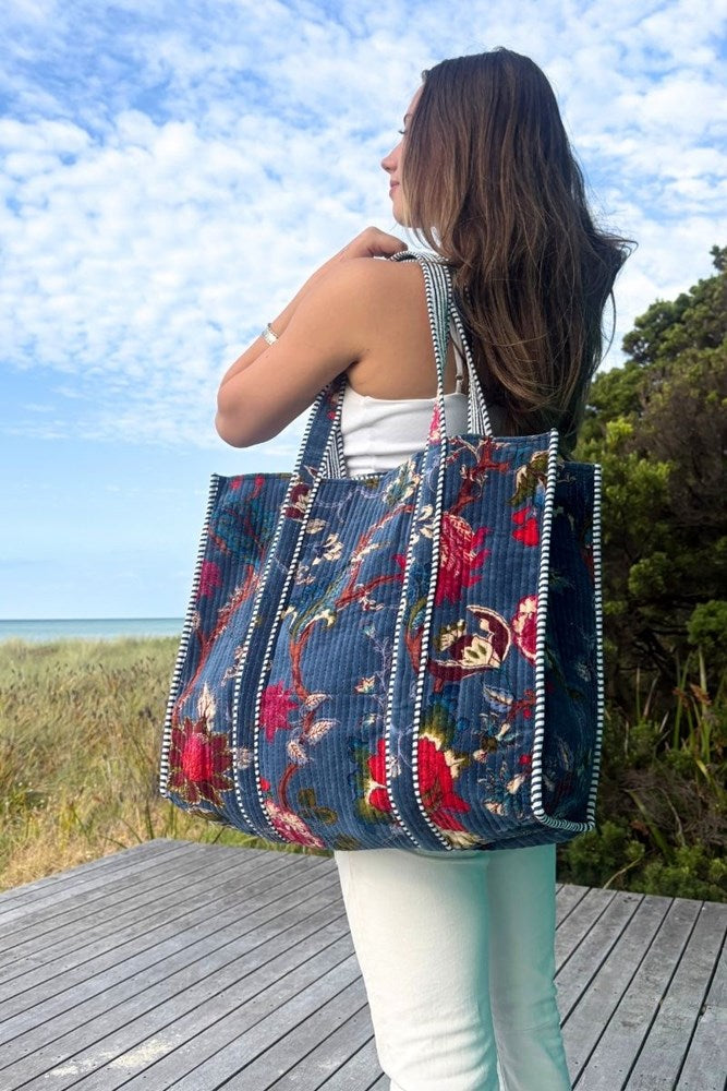 Cotton Velvet Reversible Tote Bag - Royal Blue