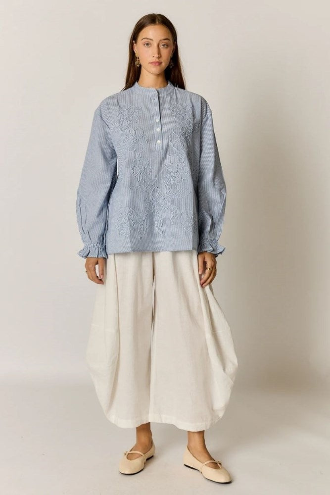 Rubyyaya Cornelli Embroidered Shirt – Blue Stripe
