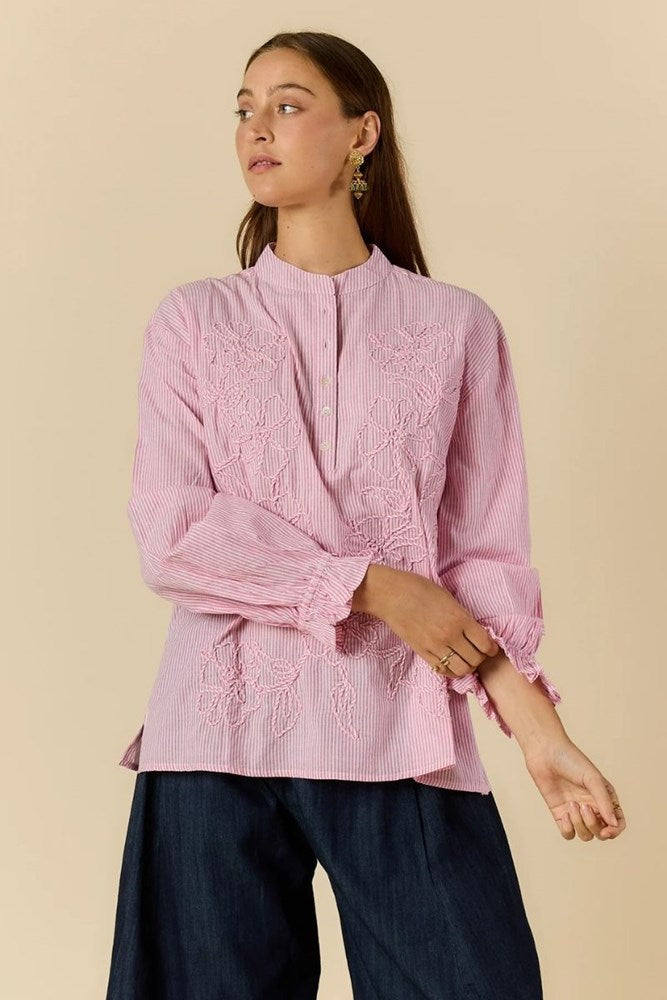 Rubyyaya Cornelli Embroidered Shirt – Pink Stripe