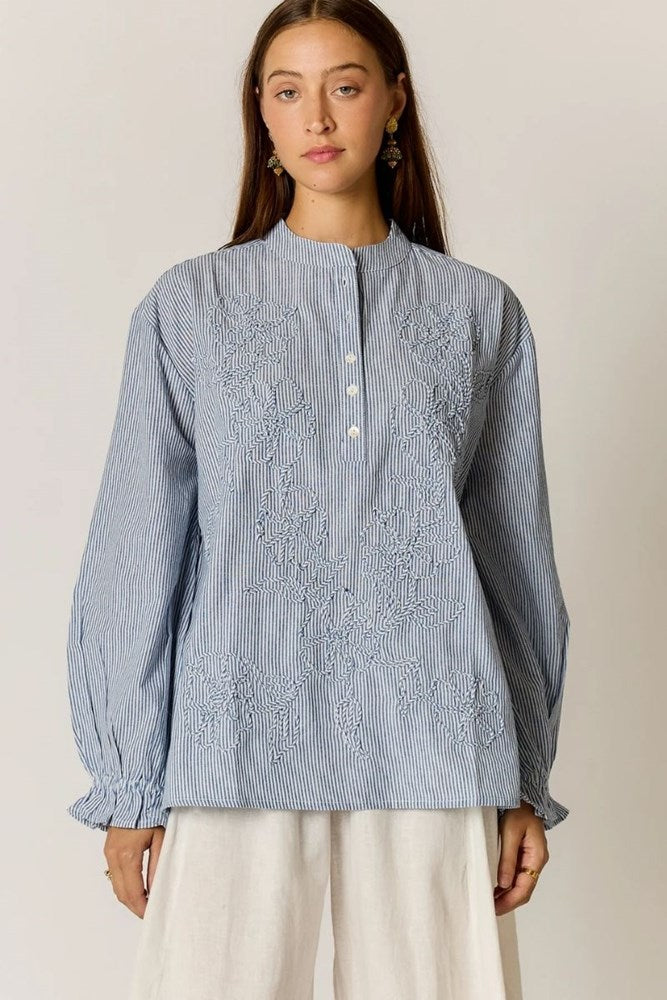 Rubyyaya Cornelli Embroidered Shirt – Blue Stripe