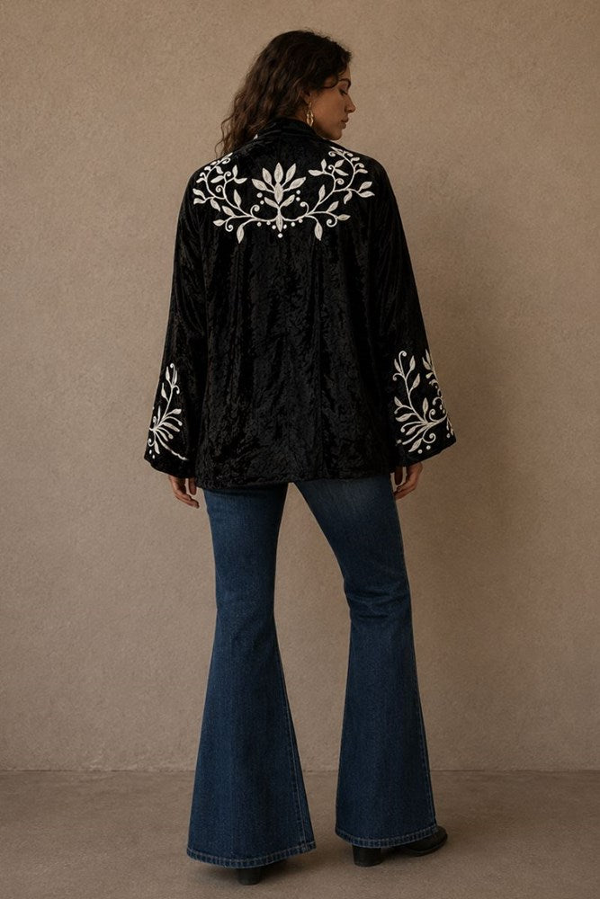 Silk Velvet Embroidered Kimono Jacket – Black