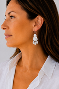A close-up side profile of a woman wearing a silver-toned, multi-tiered dangle earring with textured floral details and clear rhinestone-like accents, paired with a white collared shirt against a light gray background.