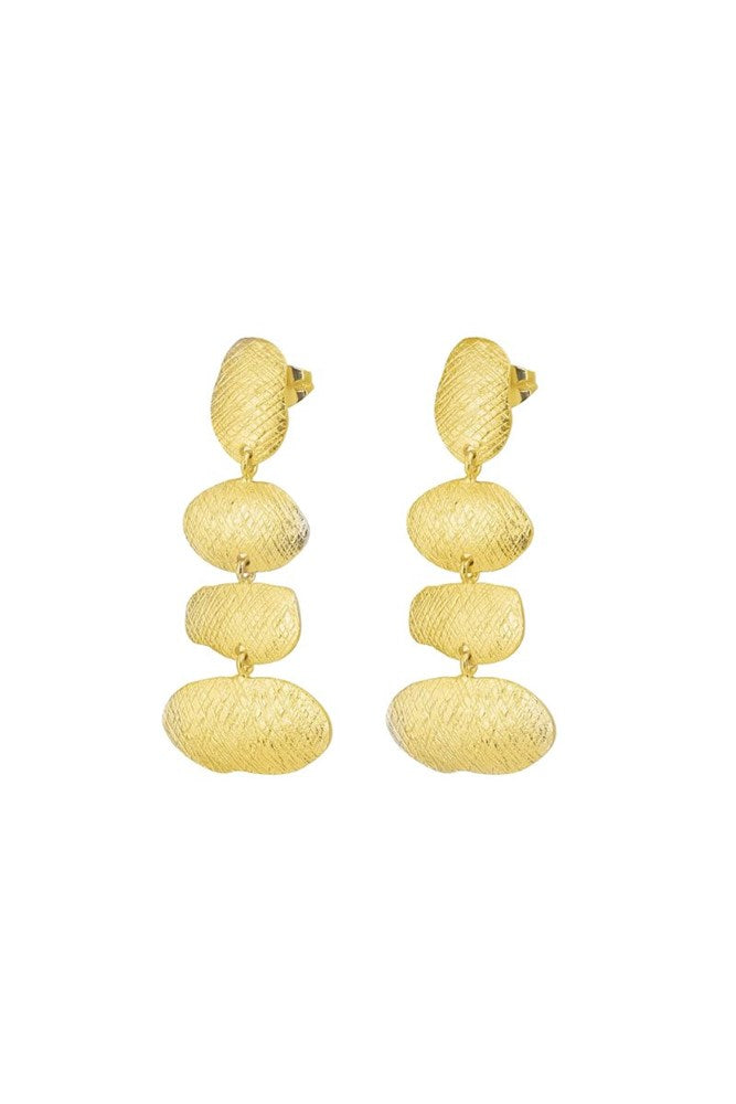 A pair of gold drop earrings with a textured, organic stone-like design, shown against a plain white background.