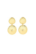A pair of gold-toned dangle earrings with textured circular disc shapes and a small clear stone at the center of each disc, shown on a plain white background.