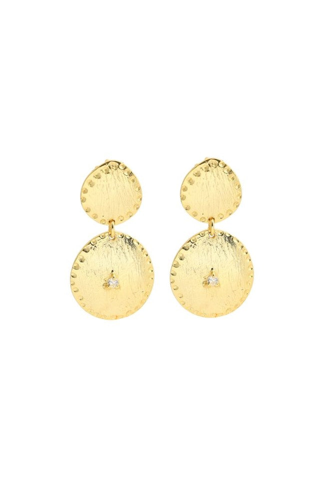 A pair of gold-toned dangle earrings with textured circular disc shapes and a small clear stone at the center of each disc, shown on a plain white background.
