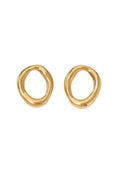 A pair of gold-toned, abstract oval hoop earrings on a plain white background.
