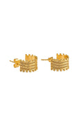 A pair of gold hoop earrings with textured twisted bands and small bead-like details along the bottom edge, shown against a plain white background.