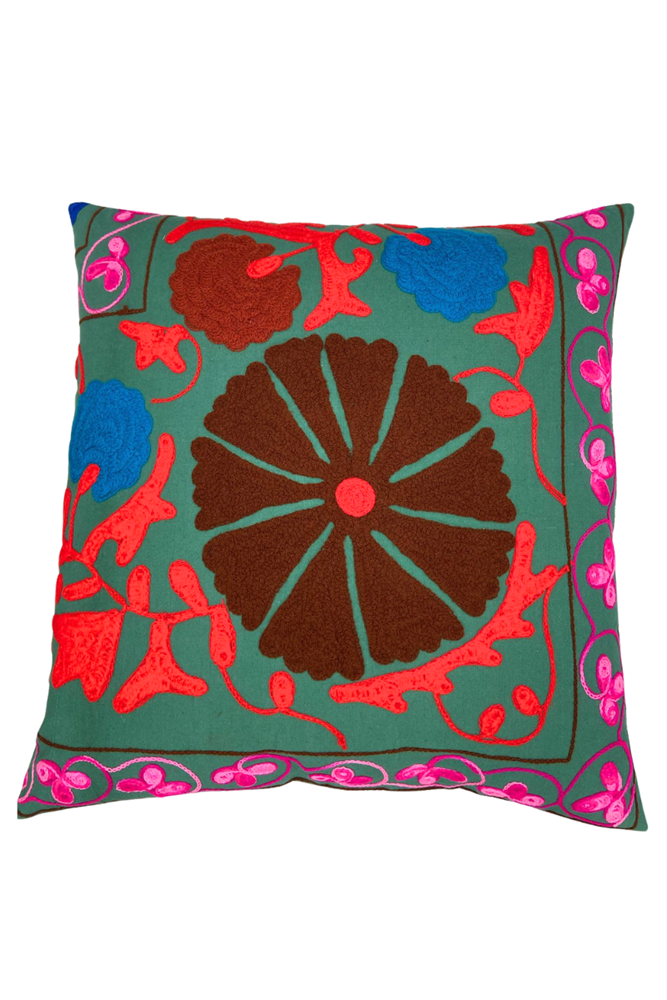 Teal Embroidered Floral Square Cushion (50 x 50 cm) By Origen Imports