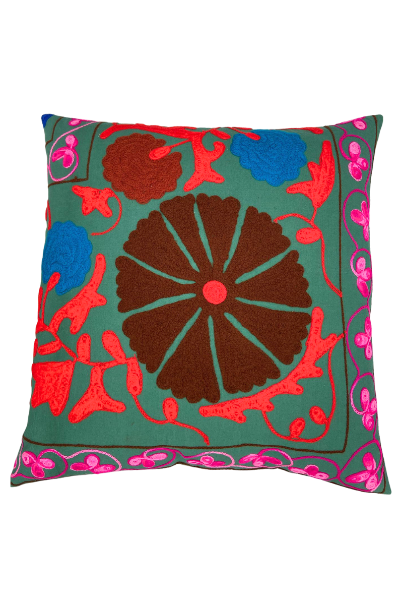 Shop Teal Embroidered Floral Square Cushion (50 x 50 cm) By Origen Imports - Origen Imports
