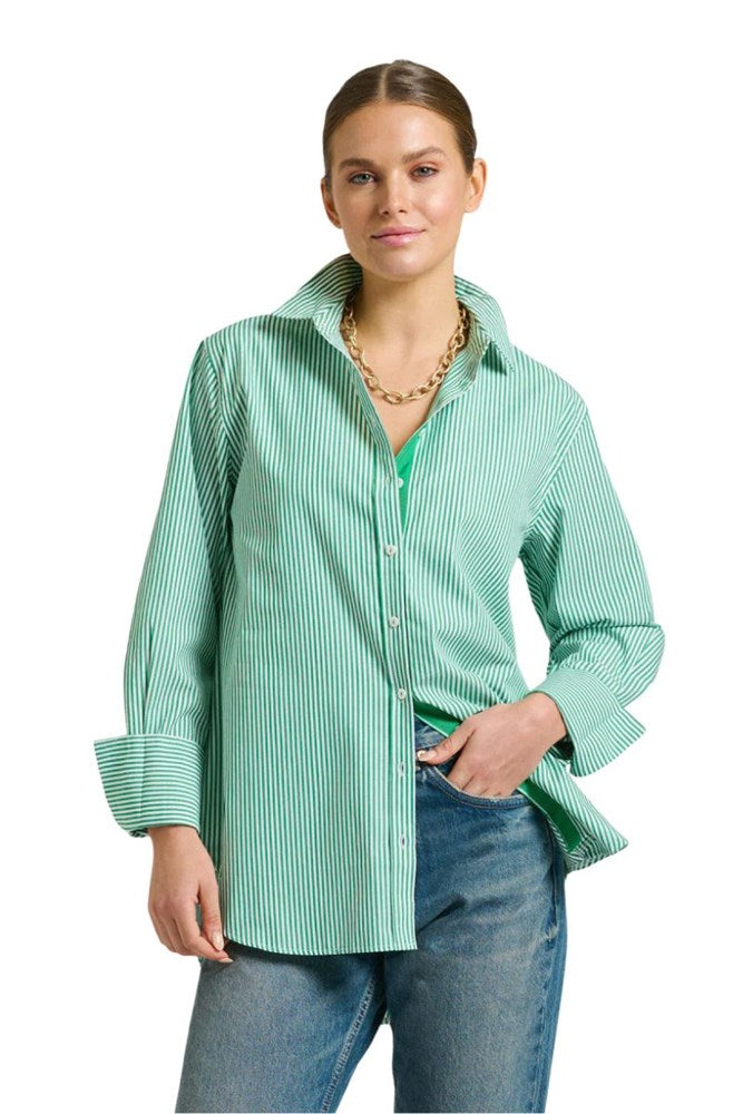 Shop The Elodie Trim Girlfriend Relaxed Shirt By Shirty - Green Stripe - Origen Imports