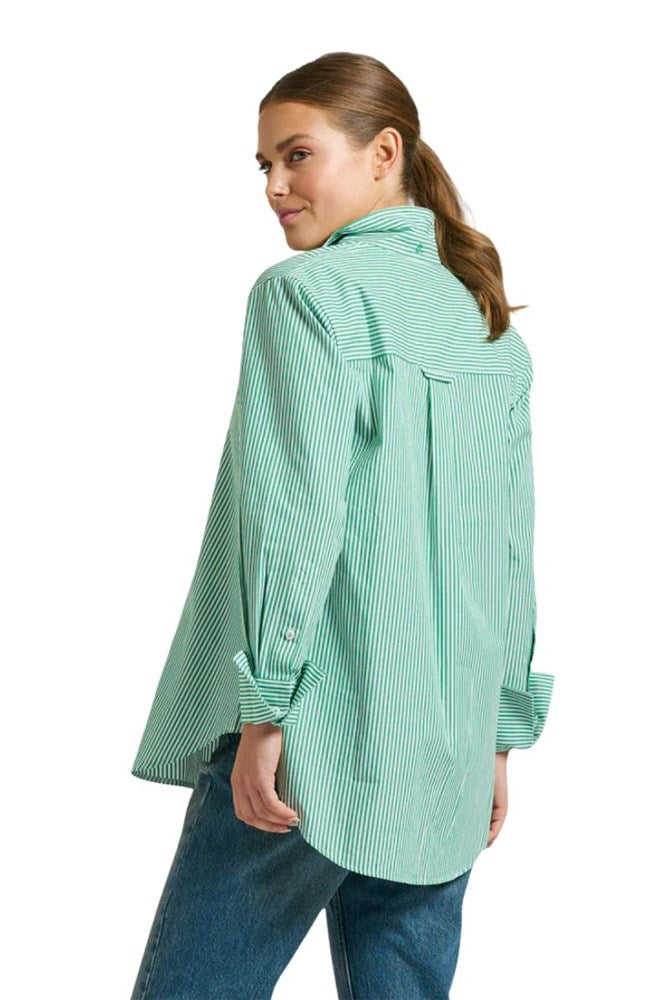 Shop The Elodie Trim Girlfriend Relaxed Shirt By Shirty - Green Stripe - Origen Imports