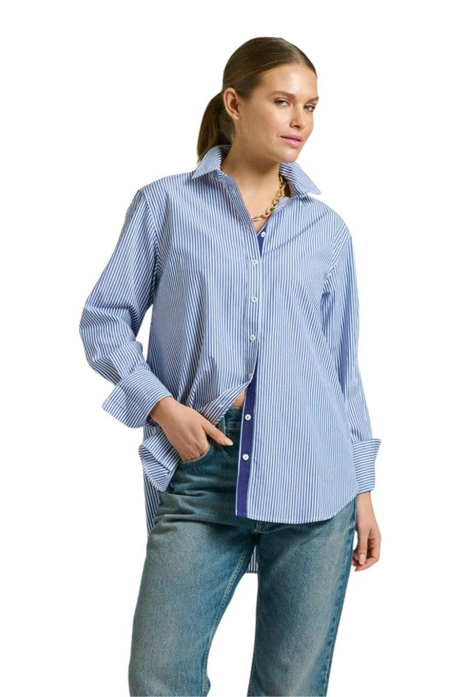 Shop The Elodie Trim Girlfriend Relaxed Shirt By Shirty - Navy Stripe - Origen Imports