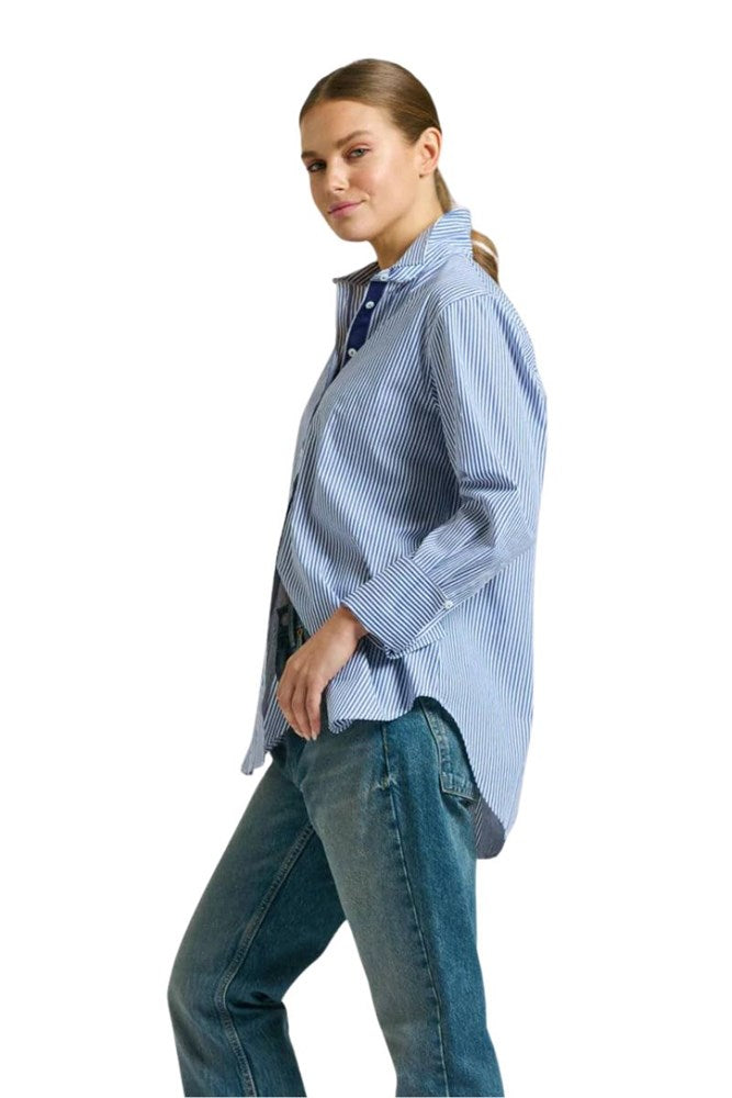Shop The Elodie Trim Girlfriend Relaxed Shirt By Shirty - Navy Stripe - Origen Imports
