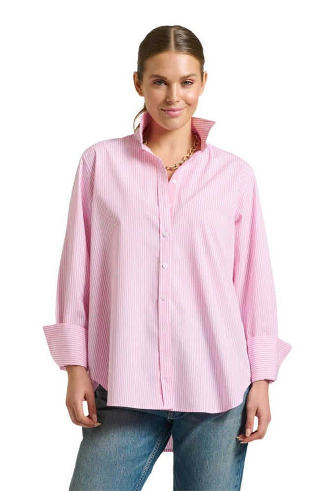 Shop The Elodie Trim Girlfriend Relaxed Shirt By Shirty - Pink Stripe - Origen Imports