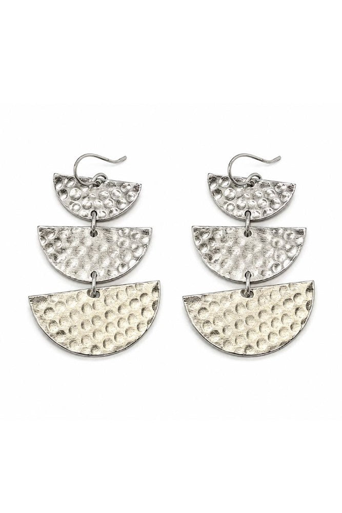 A pair of silver-tone hammered drop earrings with three stacked semi-circular textured discs on each earring, shown against a plain white background.