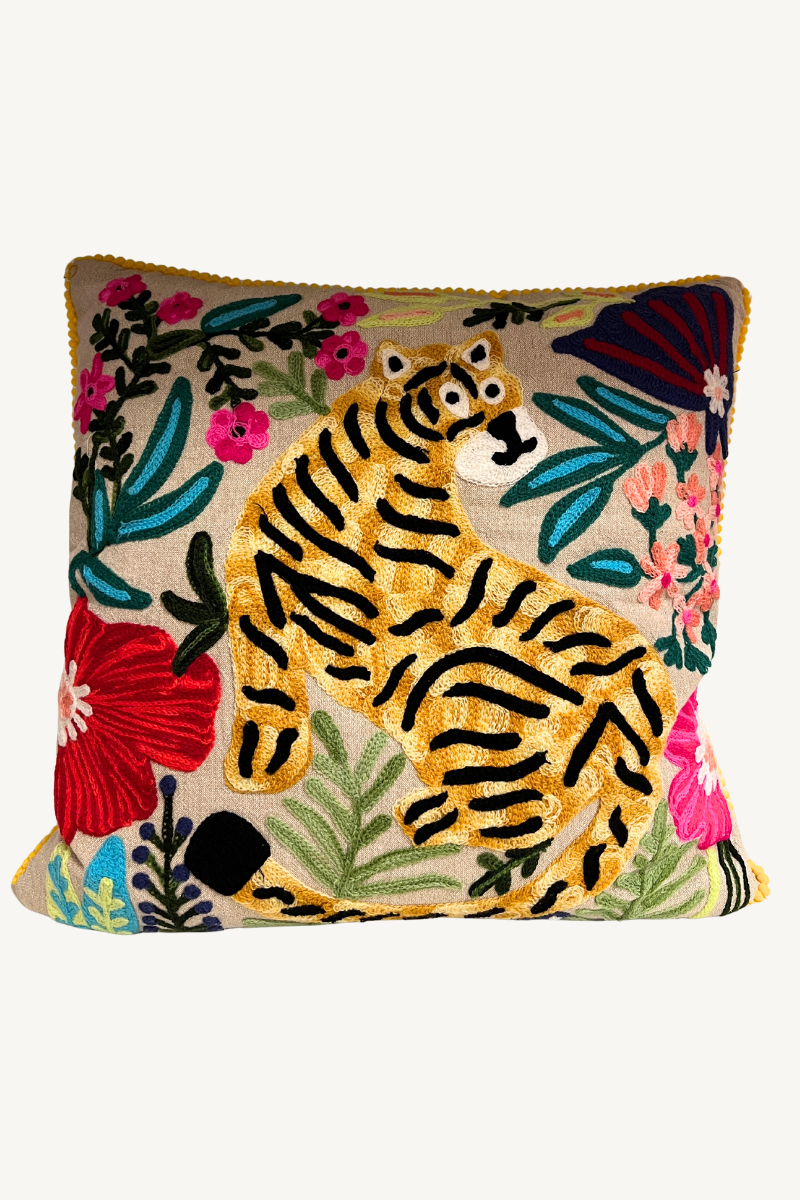 Shop Tiger & Flowers Embroidered Square Cushion - Statement Piece By Origen - Origen Imports