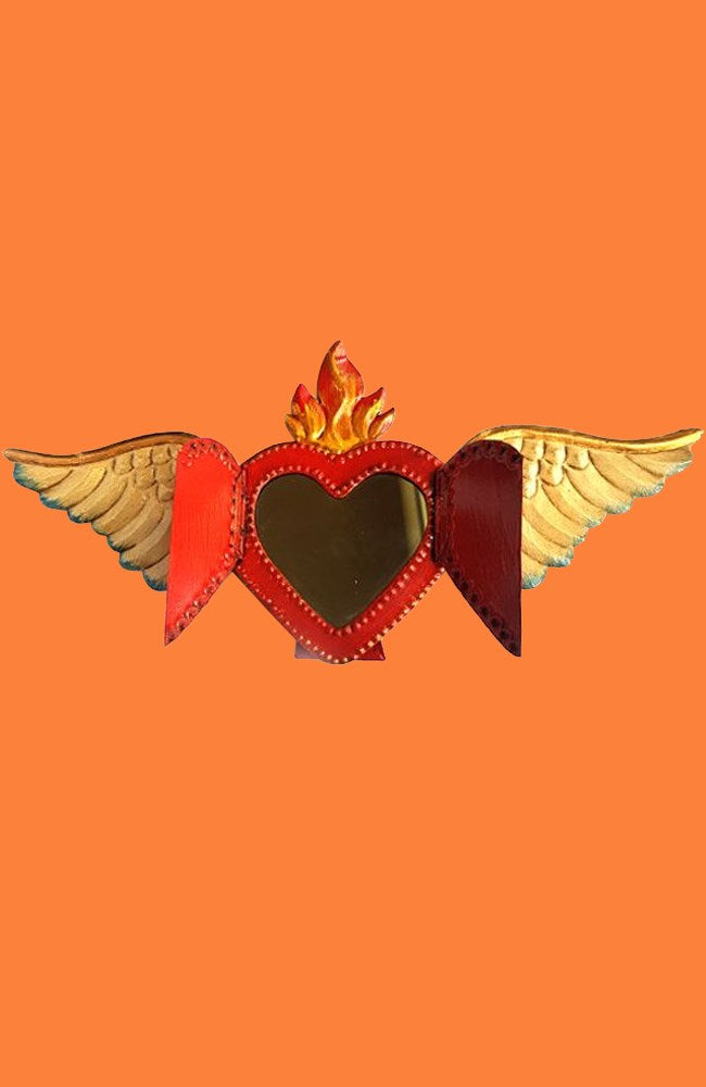 Shop Mexican Tin Heart Mirror with Doors & Wings - Origen Imports