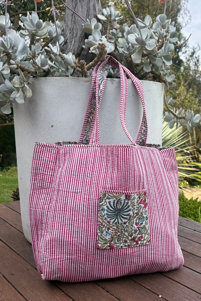 Cotton Reversible Tote Bag - Pink/Blue Floral