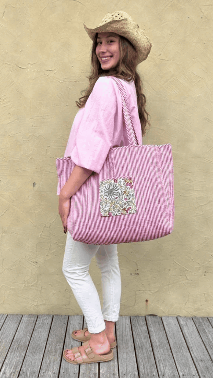 Cotton Reversible Tote Bag - Pink/Blue Floral