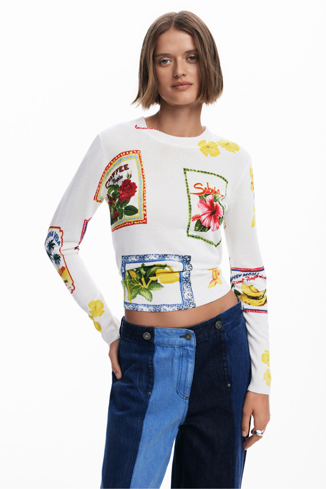Shop Tropical Stamps White Sweater By Desigual - Origen Imports