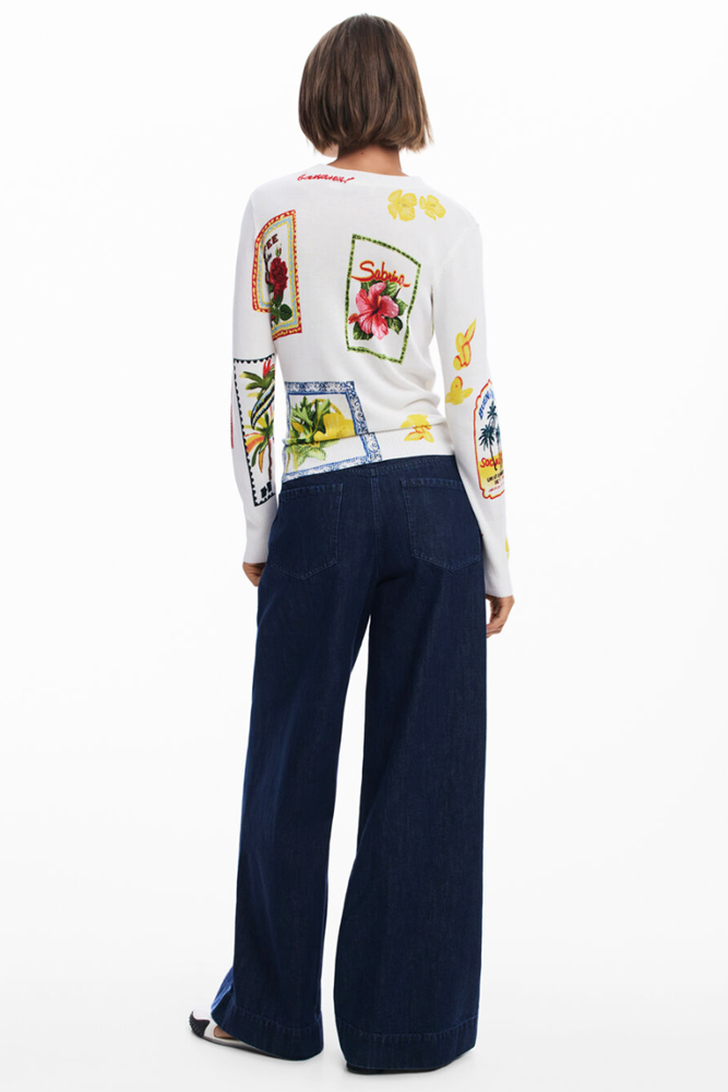 Tropical Stamps White Sweater By Desigual