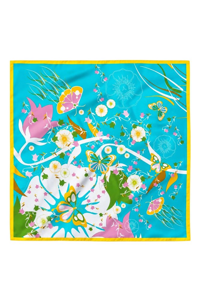 Turquoise butterfly silk satin square scarf