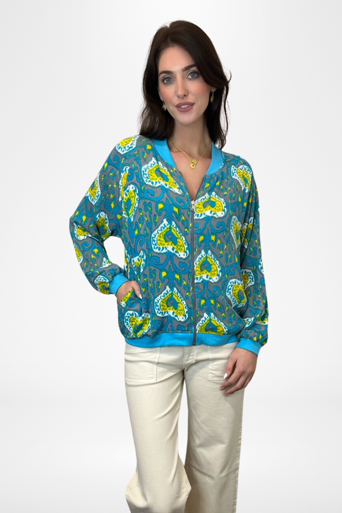 Shop Reversible Bomber Jacket Turquoise & Olive Ikat Print By Pixi Carnival - Origen Imports