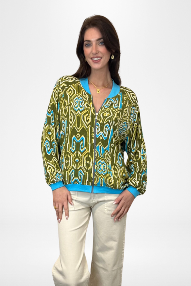 Shop Reversible Bomber Jacket Turquoise & Olive Ikat Print By Pixi Carnival - Origen Imports