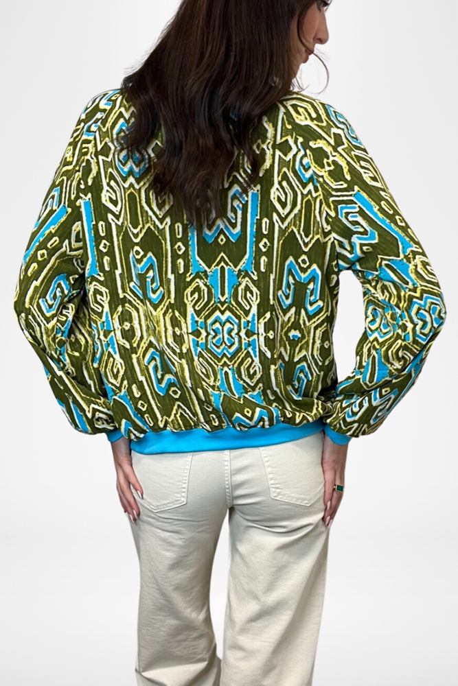 Shop Reversible Bomber Jacket Turquoise & Olive Ikat Print By Pixi Carnival - Origen Imports